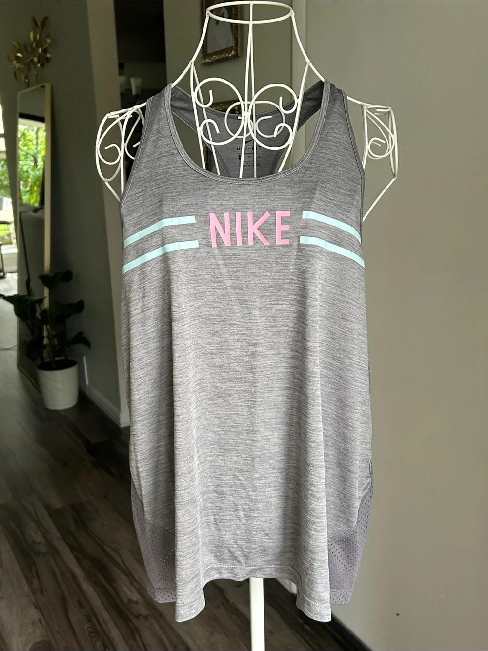 Nike Gray Racerback Tank with Pink Logo and Mint Stripes